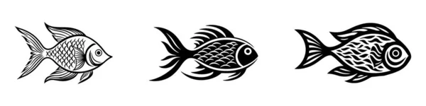 Fishes Set Isolated Vector Icons Black White Background — Stock Vector