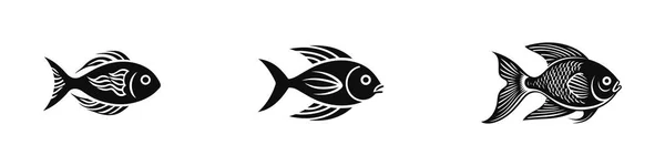 Рыбы Набор Изолированных Векторных Значков Черный Белом Фоне — стоковый вектор
