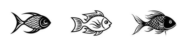 Vissen Instellen Van Geïsoleerde Vector Iconen Zwart Witte Achtergrond — Stockvector