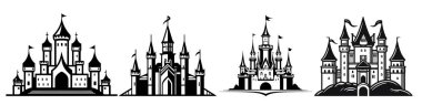 Vektör ortaçağ kaleleri simgesi, ayrıntılı logo seti beyaz arkaplanda izole edildi