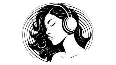 Kız logosu. Siyah kız silueti kulaklıkla müzik dinliyor. Müzisyen avatar görüşü. Beyaz arkaplanda vektör illüstrasyonu.