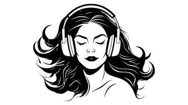 Kız logosu. Siyah kız silueti kulaklıkla müzik dinliyor. Müzisyen avatar görüşü. Beyaz arkaplanda vektör illüstrasyonu.