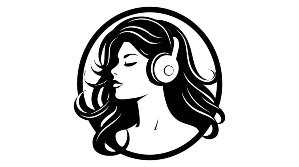 Logo Chica Silueta Negra Muchacha Escucha Música Los Auriculares Vista — Vector de stock