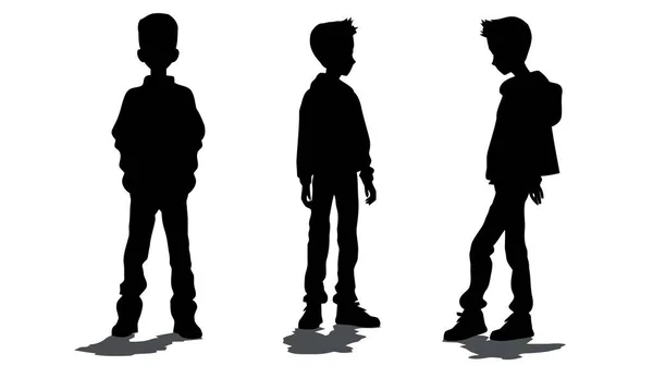 Vector Set Young Boys Standing Silhouette White Background — Stock Vector