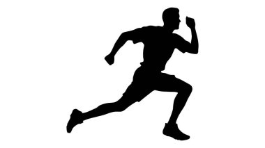 Koşan adam silueti. Spor etkinliği simgesi ya da sembol. Atletin logosu. Atletik sporlar. Koşan ya da koşan adam. Maraton yarışı. Hız kavramı. Koşucu figürü. Fitness siyah vektör çizimi.