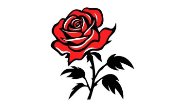 Kırmızı güllerin elleri siyah ve kırmızı renklerde çizilmiş. Beyaz arka planda siyah çizgi gül kabartma siluetleri izole.