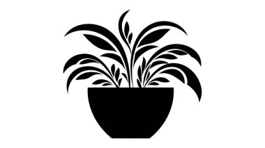 Çiçek, saksı yapraklı bitki. Beyaz arkaplanda siyah çiçek saksısı simgesi.