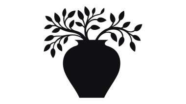 Çiçek, saksı yapraklı bitki. Beyaz arkaplanda siyah çiçek saksısı simgesi.