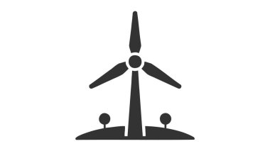 Siyah çizgili bir rüzgar türbininin iki küçük ağaçlı bir arazideki çizimi..