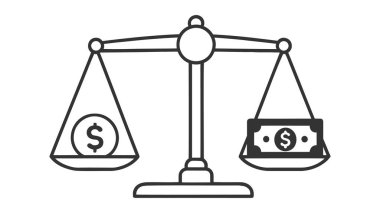 Bir tarafında bir dolar, diğer tarafında bir dolar banknot olan bir denge terazisinin vektör çizimi. Terazi dengede..