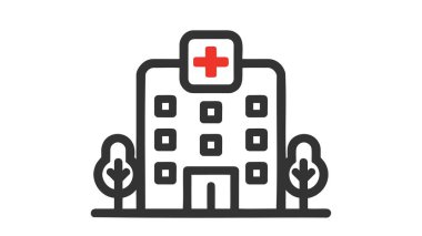 Beyaz arkaplanda hastane binası ikon vektör logosu.