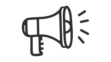 Megafon müzik düz stil şekil sembolü. Sesli konuşma logosu silueti işareti. Grunge damgası. Vektör çizimi. Beyaz arkaplanda izole.