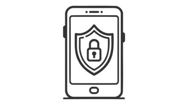 Cep telefonu güvenlik koruma vektör simgesi, kalkan işareti ile korunan satır anahat sanat smartphone, cep telefonu koruma veya güvenlik güvenli teknoloji kavramı üzerinde beyaz izole
