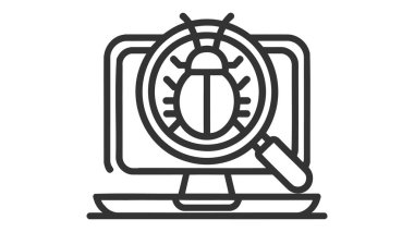 Bir büyüteçin siyah vektör simgesi bilgisayar ekranındaki bir virüse odaklanıyor.