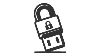 Flash disk güvenlik simgesi tasarımı. USB flash bellekte asma kilit var. Beyaz arka planda izole edilmiş. vektör illüstrasyonu