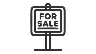 'Satılık' tabelasının tek renkli vektör çizimi, beyaz arka planda izole edilmiş, kalın bir çizgi sanat tarzıyla tasvir edilmiştir..