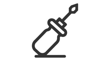 Beyaz arka planda izole edilmiş, ayrıntılı bir sapı olan yassı başlı bir tornavidayı siyah ve beyaz vektör çizimi.