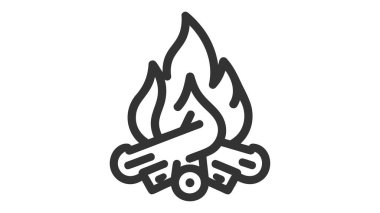 Kamp ateşi ikonu. Yakacak odun tabelasında şenlik ateşi yanıyor. Vektör.