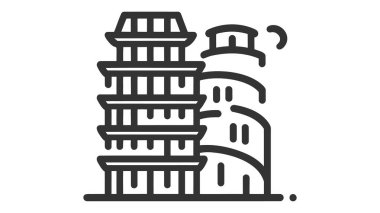 Eğik Pisa Kulesi ve beyaz arka planda izole edilmiş bir Çin tapınağını birleştiren grafiksel siyah çizgi sanatı.