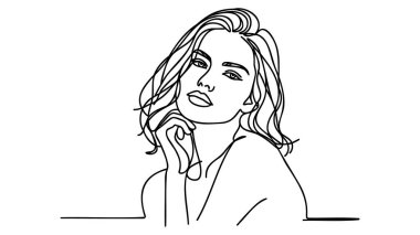 Kadın yüzünün minimalist silueti. Siyah ve beyaz. Beyaz arka plan. Bir çizgi çizimi.