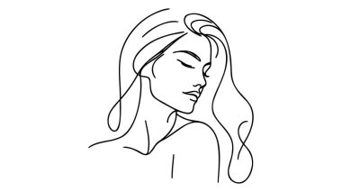 Kadın yüzünün minimalist silueti. Siyah ve beyaz. Beyaz arka plan. Bir çizgi çizimi.