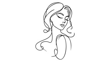 Kadın yüzünün minimalist silueti. Siyah ve beyaz. Beyaz arka plan. Bir çizgi çizimi.