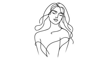 Kadın yüzünün minimalist silueti. Siyah ve beyaz. Beyaz arka plan. Bir çizgi çizimi.