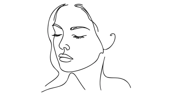 Kadın yüzünün minimalist silueti. Siyah ve beyaz. Beyaz arka plan. Bir çizgi çizimi.