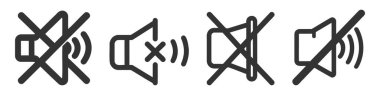 Sound Icon - Sound Off Simgesi seti, paket, koleksiyon. Vektör Tasarımı Düz Biçim Sembolü, Sessiz Düğme Hoparlörü.