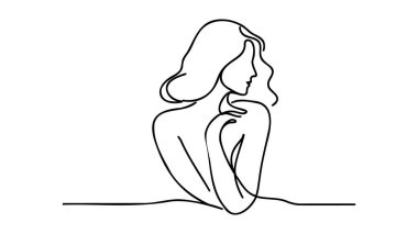 Kadın bir çizgi sanat, el çizimi kadın figürü sürekli dış görünüş. Kadın vücut konsepti, güzellik endüstrisi şablonu. Düzenlenebilir felç. İzole edilmiş. Vektör illüstrasyonu.