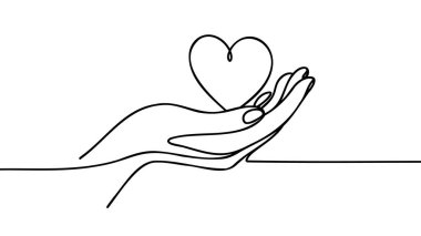 Sürekli bir çizgi, kalp tutan kolları çekiyor. Bağış lineer konsepti. Vektör beyazda izole edildi.
