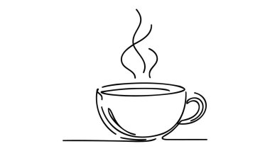Duman vektörü illüstrasyonlu kesintisiz ince çizgi kahve fincanı, kafe için minimalist çizim karalaması. Bir çizgi çay fincanı resim ikonu, tek çay fincanı taslak çizimi ya da kırılmamış basit bir sıcak içecek kupası logosu