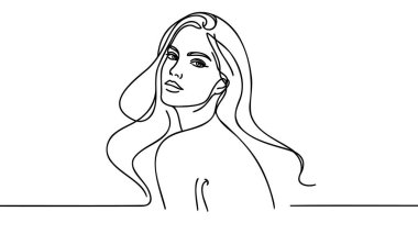 Kadın yüzünün minimalist silueti. Siyah ve beyaz. Beyaz arka plan. Bir çizgi çizimi.