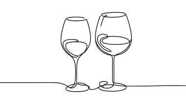 Continuous one line drawing of two glasses of red wine. Minimalist linear concept of celebrate and cheering. Editable stroke Vector illustration