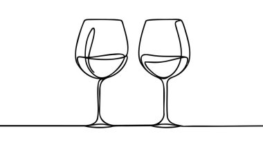Continuous one line drawing of two glasses of red wine. Minimalist linear concept of celebrate and cheering. Editable stroke Vector illustration