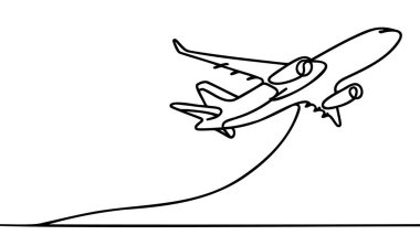 Beyaz arka planda bir çizgi çizen uçak. Uçak sürekli tek bir çizim yapıyor. Minimalist sınır tasarımı. Vektör illüstrasyon çizgisi sanat biçimi.