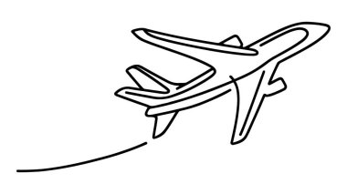 Beyaz arka planda bir çizgi çizen uçak. Uçak sürekli tek bir çizim yapıyor. Minimalist sınır tasarımı. Vektör illüstrasyon çizgisi sanat biçimi.