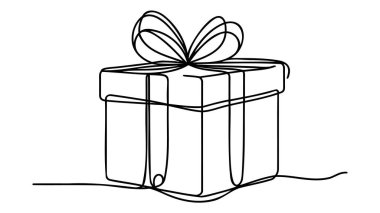 Kurdeleli ve fiyonklu Noel hediyesi kutusu. Sürekli bir çizgi vektör illüstrasyonu. Paketlenmiş sürpriz paket.