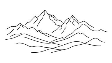 Dağ sırasının aralıksız çizdiği bir çizgi. Basit doğrusal montajlı web pankartı. Beyaz arka planda izole edilmiş macera kış sporları konsepti. Doodle vektör illüstrasyonu