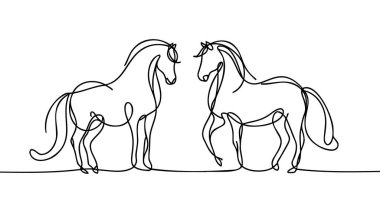 İki at, bir tane sürekli çizim. Vektör illüstrasyonu izole edildi. Minimalist tasarım el çizimi.