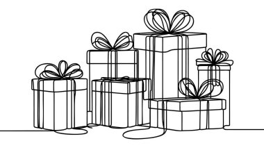 Hediyeler. Aralıksız çizgi, beyaz arkaplanda bir çizgi sanat vektörü illüstrasyonu.