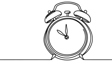 El çizimi alarmlı saat beyaz arka planda izole edilmiş. Vektör eski moda illüstrasyon. Modern hat stili seti. Tek çizgi çizimi tasarım vektörü grafik çizimi