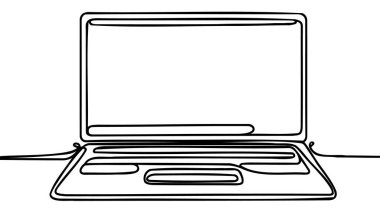 Bilgisayarı aç. Devamlı bir dizüstü bilgisayar. Çizgi sanatı, taslak, tek çizgi silueti. El çizimi vektör illüstrasyonu.