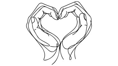 Single one line drawing hands making sign or symbol heart by fingers. Beautiful hands with copy space. Love concept with hand gestures. Modern continuous line draw design graphic vector illustration