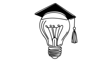 Mezuniyet şapkası kimliğiyle parlak bir ampul çizimi. Akademi logot simgesi şablonu konsepti. Aralıksız çizgi çizimi tasarım grafik vektör çizimi