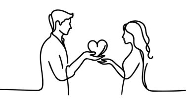 Sevgililer Günü. Erkek ve kadının kalbi vardır. Bir çizgi çizimi. Sevgi ver.