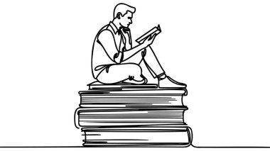 Büyük kitap yığınının üzerinde oturan tek sıra çizen adam. Ders kitabını oku. Bilimsel dergi oku. İçgörü artışı okuyorum. Devamlı çizgi tasarımı grafik çizimi.