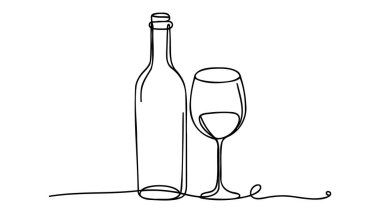 Şarap ve şarap bir çizgi çizim vektör çizimi beyaz arka planda.