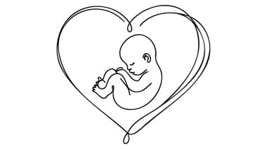 Bebek anne karnında, kalp, beyaz arkaplanda bir çizgi çizmeyi seviyor..