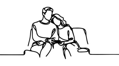 Tek sıra halinde bir çifti televizyon izlerken koltuğa oturtuyor. Mutlu adam ve kadın oturma odasında dinleniyor. Romantik çift birlikte eğleniyor. Tek çizgi çizimi tasarım vektör çizimi